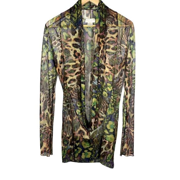 PETIT POIS Women's Sheer Animal Print Plunge Neck Long Sleeve Blouse Tan Small - Picture 1 of 9
